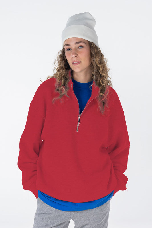 James Kadın Kırmızı Dik Yaka Oversize Yarı Fermuarlı Sweatshirt