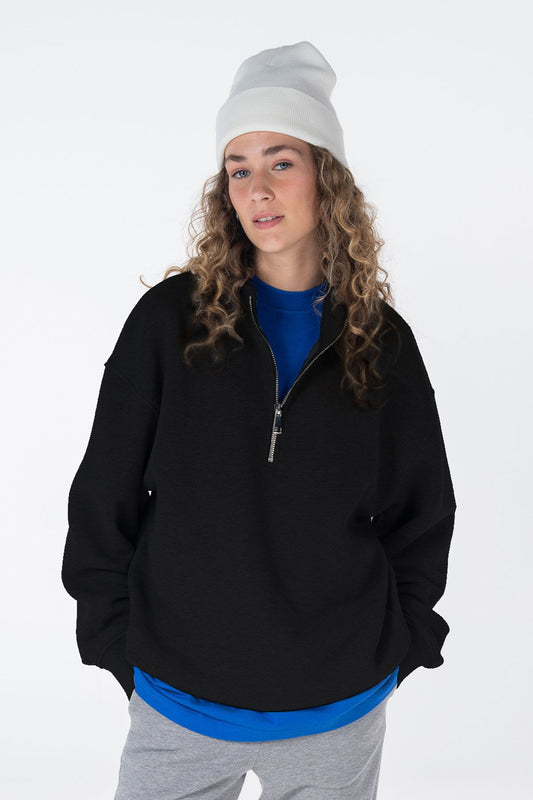 James Kadın Siyah Dik Yaka Oversize Yarı Fermuarlı Sweatshirt