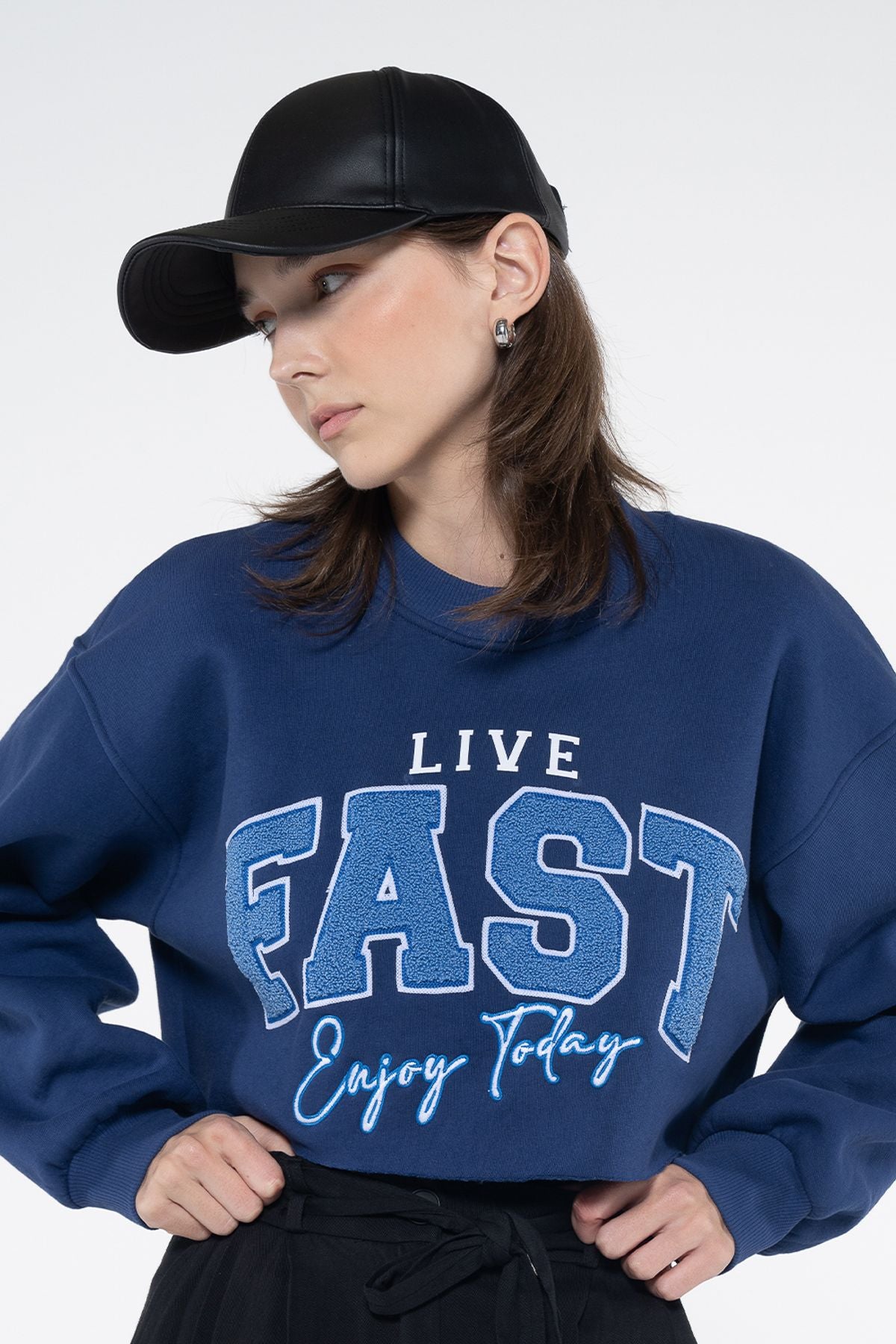 Fast Kadın Lacivert Bisiklet Yaka Ekstra Oversize Crop Sweatshirt - Şardonlu 3 İplik