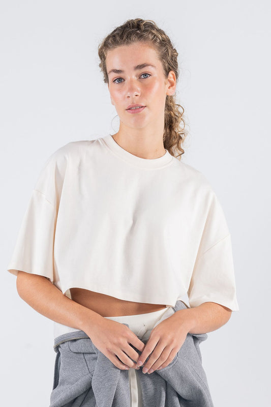 Monica Kadın Kırık Beyaz %100 Koton Bisiklet Yaka Oversize Crop Tişört