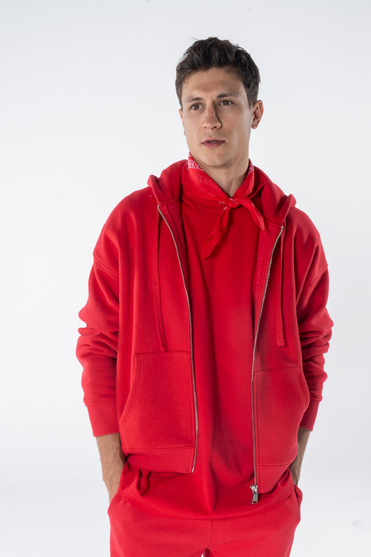 James Erkek Kırmızı  Kanguru Cepli Kapüşonlu Oversize Fermuarlı Sweatshirt Hoodie