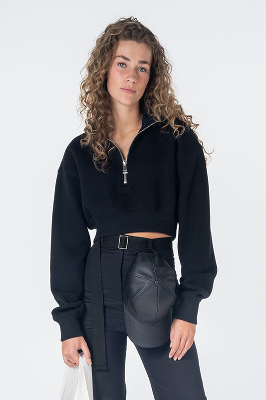 James Kadın Siyah Dik Yaka Oversize Yarı Fermuarlı Crop Sweatshirt