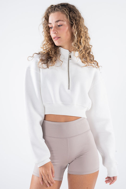 James Kadın Kırık Beyaz Dik Yaka Oversize Yarı Fermuarlı Crop Sweatshirt