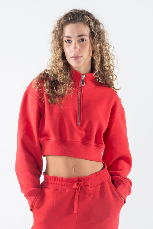 James Kadın Kırmızı Dik Yaka Oversize Yarı Fermuarlı Crop Sweatshirt
