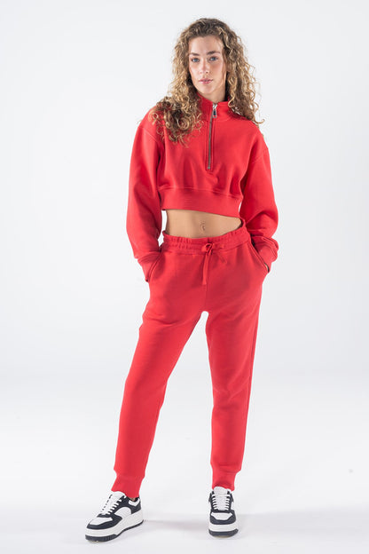 James Kadın Kırmızı Dik Yaka Oversize Yarı Fermuarlı Crop Sweatshirt