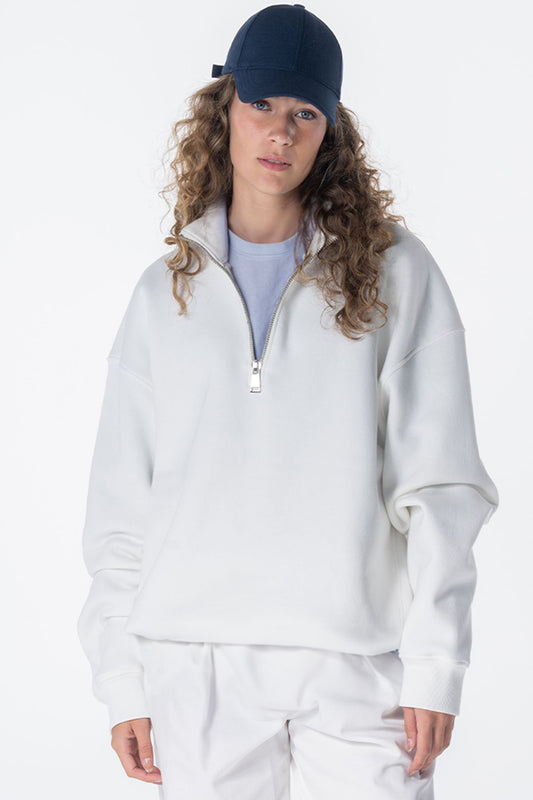 James Kadın Kırık Beyaz Dik Yaka Oversize Yarı Fermuarlı Sweatshirt